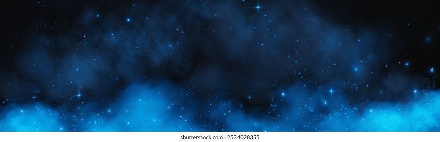 Fantastic smoke background. Magic smoke with glitter and small particles of twinkling stars, fog with luminous particles, blue vapor with stardust. Vector illustration.	