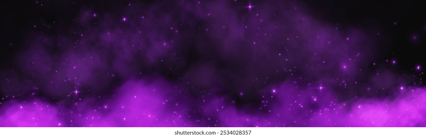 Fantástico fundo de fumaça. Fumaça mágica com brilho e pequenas partículas de estrelas cintilantes, nevoeiro com partículas brilhantes, vapor roxo com poeira estelar. Ilustração vetorial.
