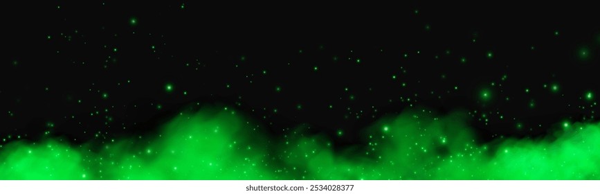 Fantastic smoke background. Magic smoke with glitter and small particles of twinkling stars, fog with glowing particles, green vapour with stardust. Vector illustration.	