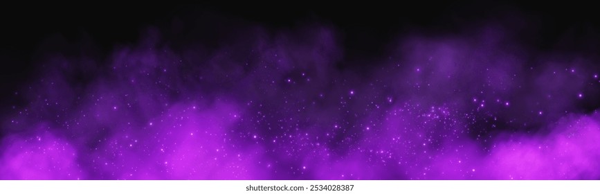 Fantástico fundo de fumaça. Fumaça mágica com brilho e pequenas partículas de estrelas cintilantes, nevoeiro com partículas brilhantes, vapor roxo com poeira estelar. Ilustração vetorial.
