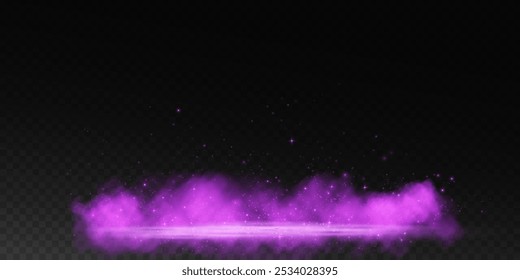 Fantástico fundo de fumaça. Fumaça mágica com brilho e pequenas partículas de estrelas cintilantes, nevoeiro com partículas brilhantes, vapor roxo com poeira estelar. Ilustração vetorial.
