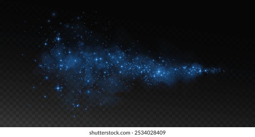 Fantástico fundo de fumaça. Fumaça mágica com brilho e pequenas partículas de estrelas cintilantes, nevoeiro com partículas luminosas, vapor azul com poeira estelar. Ilustração vetorial.	