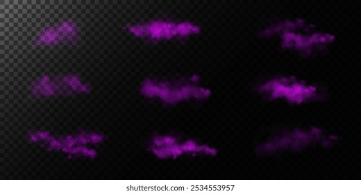 Fantastic smoke background. Magic smoke with glitter and small particles of shimmering stars, fog with glowing particles, purple vapour with stardust. Vector illustration.	
