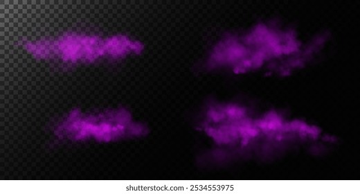 Fantástico fundo de fumaça. Fumaça mágica com brilho e pequenas partículas de estrelas cintilantes, nevoeiro com partículas brilhantes, vapor roxo com poeira estelar. Ilustração vetorial.	
