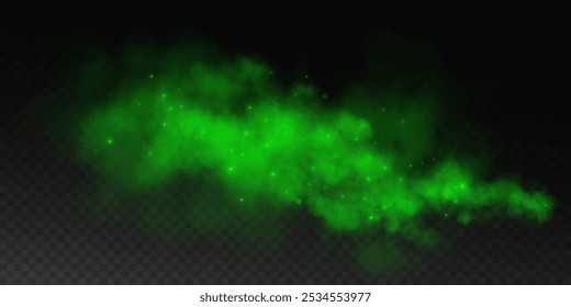 Fantastic smoke background. Magic smoke with glitter and small particles of twinkling stars, fog with glowing particles, green vapour with stardust. Vector illustration.	