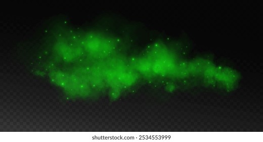 Fantastic smoke background. Magic smoke with glitter and small particles of twinkling stars, fog with glowing particles, green vapour with stardust. Vector illustration.	