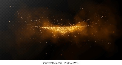 Fantástico fondo de humo. Humo mágico con brillo y Pequeñas partículas de estrellas brillantes, niebla con partículas brillantes, vapor dorado con polvo de estrellas. Ilustración vectorial.	