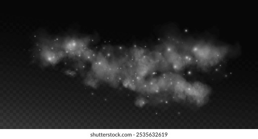 Fantastic smoke background. Magic smoke with glitter and small particles of twinkling stars, fog with glowing particles, gray vapor with stardust. Vector illustration.	