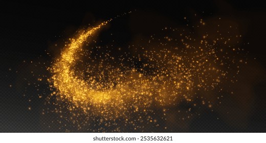 Fantastic smoke background. Magic smoke with glitter and small particles of shimmering stars, fog with glowing particles, golden vapour with stardust. Vector illustration.	
