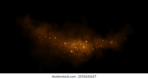 Fantástico fundo de fumaça. Fumaça mágica com brilho e pequenas partículas de estrelas cintilantes, nevoeiro com partículas brilhantes, vapor dourado com poeira estelar. Ilustração vetorial.	