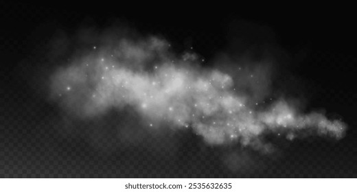 Fantastic smoke background. Magic smoke with glitter and small particles of twinkling stars, fog with glowing particles, gray vapor with stardust. Vector illustration.	