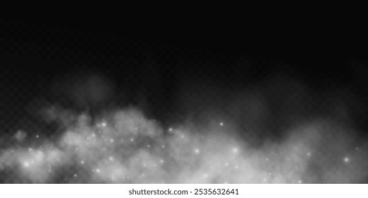 Fantástico fundo de fumaça. Fumaça mágica com brilho e pequenas partículas de estrelas cintilantes, nevoeiro com partículas brilhantes, vapor cinza com poeira estelar. Ilustração vetorial.	