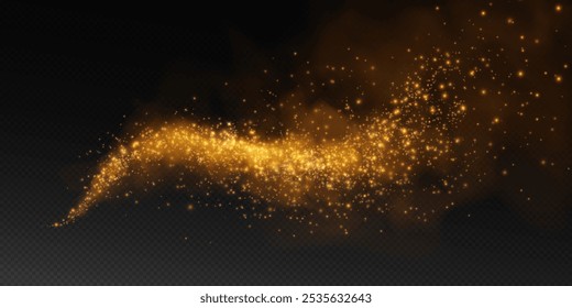 Fantastic smoke background. Magic smoke with glitter and small particles of shimmering stars, fog with glowing particles, golden vapour with stardust. Vector illustration.	