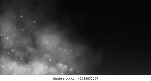 Fantastic smoke background. Magic smoke with glitter and small particles of twinkling stars, fog with glowing particles, gray vapor with stardust. Vector illustration.	
