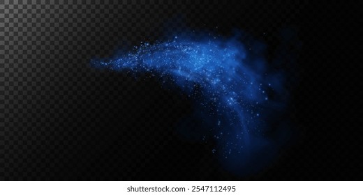 Fantástico fundo de fumaça. Fumaça mágica com brilho e pequenas partículas de estrelas cintilantes, nevoeiro com partículas luminosas, vapor azul com poeira estelar. Ilustração vetorial.	