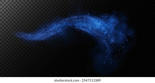 Fantástico fondo de humo. Humo mágico con brillo y Pequeñas partículas de estrellas centelleantes, niebla con partículas luminosas, vapor azul con polvo de estrellas. Ilustración vectorial.	