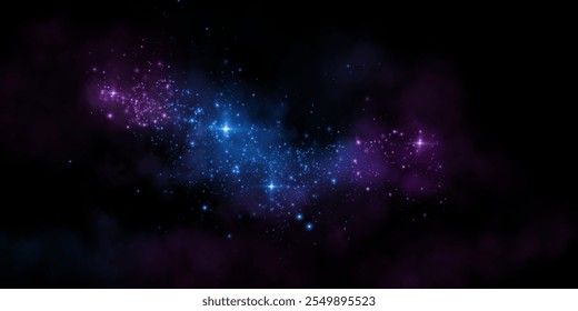 Fantastischer Hintergrund. Zauberhafter Rauch mit Glitzer und kleinen Teilchen funkelnder Sterne, Nebel mit leuchtenden Teilchen, blauer Dampf mit Sternenstaub. Vektorgrafik.	