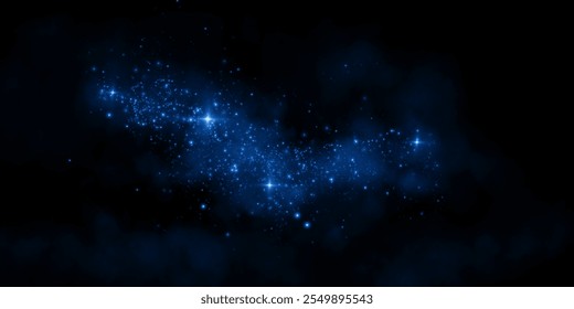 Fantastic smoke background. Magic smoke with glitter and small particles of twinkling stars, fog with luminous particles, blue vapor with stardust. Vector illustration.	