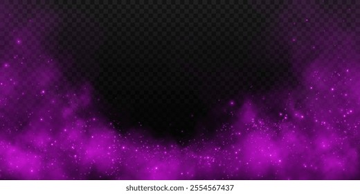 Fantastic smoke background. Magic smoke with glitter and small particles of shimmering stars, fog with glowing particles, purple vapour with stardust. Vector illustration.	