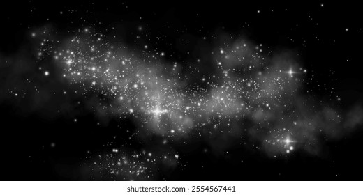 Fantastic smoke background. Magic smoke with glitter and small particles of twinkling stars, fog with glowing particles, white vapour with stardust. Vector illustration.	