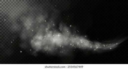 Fantastic smoke background. Magic smoke with glitter and small particles of twinkling stars, fog with glowing particles, white vapour with stardust. Vector illustration.	