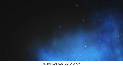 Fantastic smoke background. Magic smoke with glitter and small particles of twinkling stars, fog with luminous particles, blue vapor with stardust. Vector illustration.	