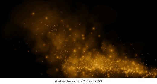 Fantastic smoke background. Magic smoke with glitter and small particles of shimmering stars, fog with glowing particles, golden vapour with stardust. Vector illustration.	