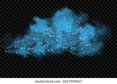 Fantastic smoke background. Magic smoke with glitter and small particles of twinkling stars, fog with luminous particles, blue vapor with stardust. Vector illustration.