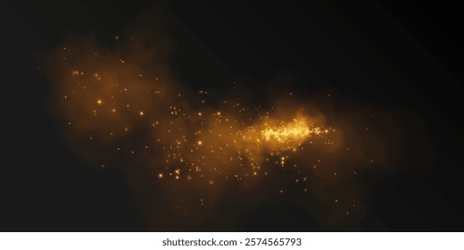 Fantastic smoke background. Magic smoke with glitter and small particles of shimmering stars, fog with glowing particles, golden vapour with stardust. Vector illustration.	
