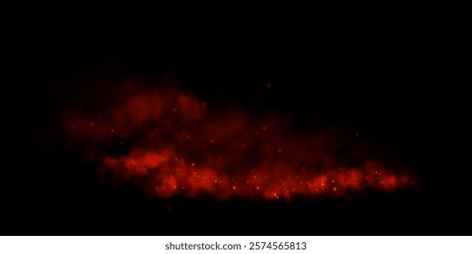 Fantastic smoke background. Magic smoke with glitter and small particles of twinkling stars, fog with glowing particles, red vapor with stardust. Vector illustration.	