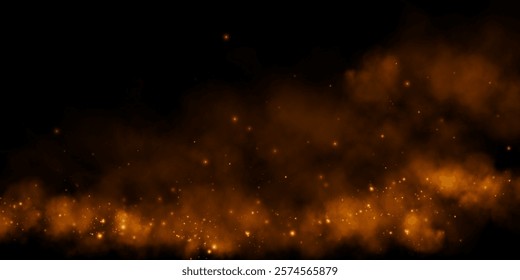 Fantastic smoke background. Magic smoke with glitter and small particles of shimmering stars, fog with glowing particles, golden vapour with stardust. Vector illustration.	
