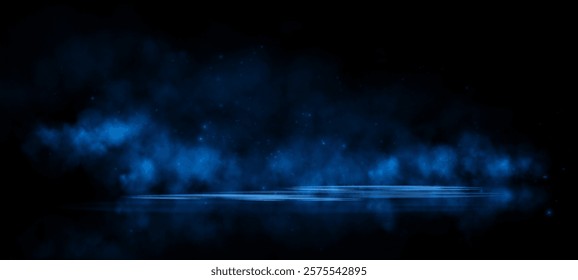 Fantastic smoke background. Magic smoke with glitter and small particles of twinkling stars, fog with luminous particles, blue vapor with stardust. Vector illustration.	