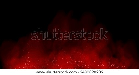 Fantastic smoke background. Magic smoke with glitter and small particles of twinkling stars, fog with glowing particles, red vapor with stardust. Vector illustration.	