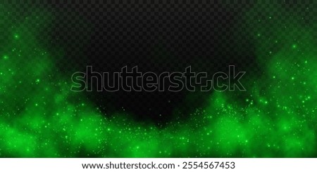 Fantastic smoke background. Magic smoke with glitter and small particles of twinkling stars, fog with glowing particles, green vapour with stardust. Vector illustration.	