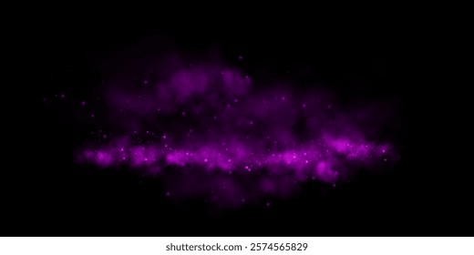 Fantastic smoke background.  Magical smoke with glitter and small particles of twinkling stars, fog with glowing particles, purple vapour with stardust. Vector illustration.	