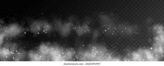 Fantastic smoke background. Purple magic smoke with glitter and small particles of twinkling stars, fog with glowing particles, multicolored steam with stardust.  Vector illustration.
