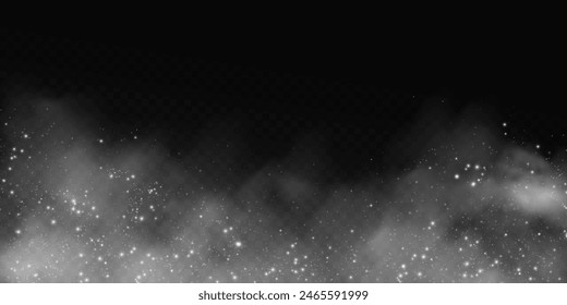 Fantastic smoke background. Purple magic smoke with glitter and small particles of twinkling stars, fog with glowing particles, multicolored steam with stardust.  Vector illustration.
