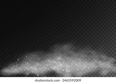 Fantastic smoke background. Purple magic smoke with glitter and small particles of twinkling stars, fog with glowing particles, multicolored steam with stardust.  Vector illustration.
