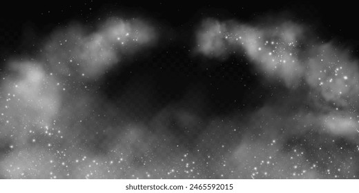 Fantastic smoke background. Purple magic smoke with glitter and small particles of twinkling stars, fog with glowing particles, multicolored steam with stardust.  Vector illustration.
