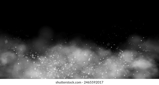 Fantastic smoke background. Purple magic smoke with glitter and small particles of twinkling stars, fog with glowing particles, multicolored steam with stardust.  Vector illustration.
