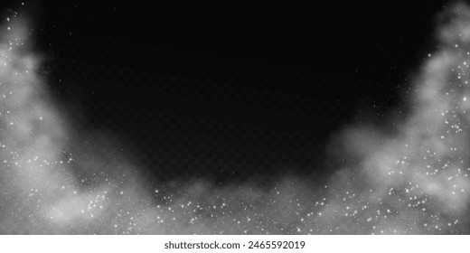 Fantastic smoke background. Purple magic smoke with glitter and small particles of twinkling stars, fog with glowing particles, multicolored steam with stardust.  Vector illustration.
