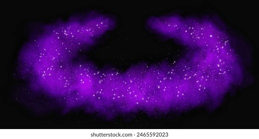 Fantastic smoke background. Purple magic smoke with glitter and small particles of twinkling stars, fog with glowing particles, multicolored steam with stardust.  Vector illustration.