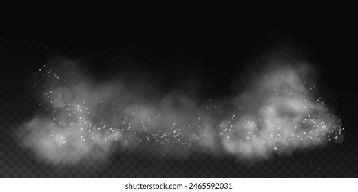 Fantastic smoke background. Purple magic smoke with glitter and small particles of twinkling stars, fog with glowing particles, multicolored steam with stardust.  Vector illustration.
