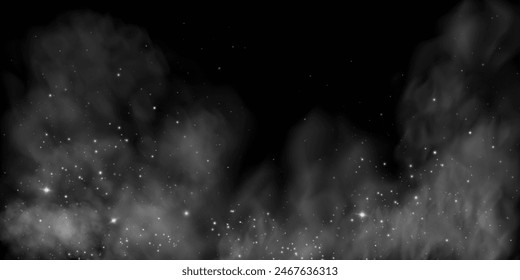 Fantástico fondo de humo. Humo mágico púrpura con brillo y Pequeñas partículas de estrellas centelleantes, niebla con partículas brillantes, vapor multicolor con polvo de estrellas. Ilustración vectorial.	