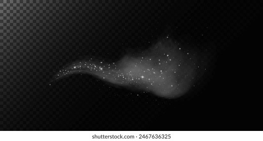 Fantastic smoke background. Purple magic smoke with glitter and small particles of twinkling stars, fog with glowing particles, multicolored steam with stardust. Vector illustration.	