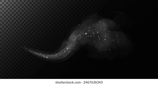 Fantastic smoke background. Purple magic smoke with glitter and small particles of twinkling stars, fog with glowing particles, multicolored steam with stardust. Vector illustration.	