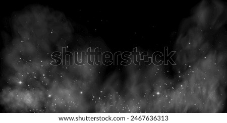 Fantastic smoke background. Purple magic smoke with glitter and small particles of twinkling stars, fog with glowing particles, multicolored steam with stardust. Vector illustration.	