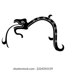 Fantastic snake or dragon with protruded forked tongue. Ancient Mexican design or Mixtec Indians. Pre Columbian Native American art. Black and white silhouette.