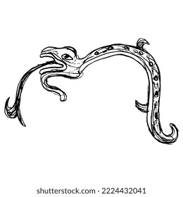 Fantastic snake or dragon with protruded forked tongue. Ancient Mexican design or Mixtec Indians. Pre Columbian Native American art. Black and white silhouette. Hand drawn sketch.