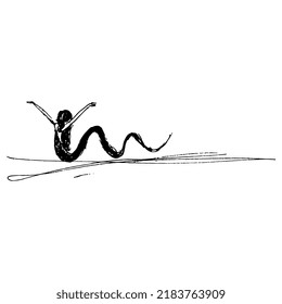 Fantastic snake lady with raised hands. Woman with serpent tail. Lamia or mermaid. Hand drawn linear doodle rough sketch. Black silhouette on white background.